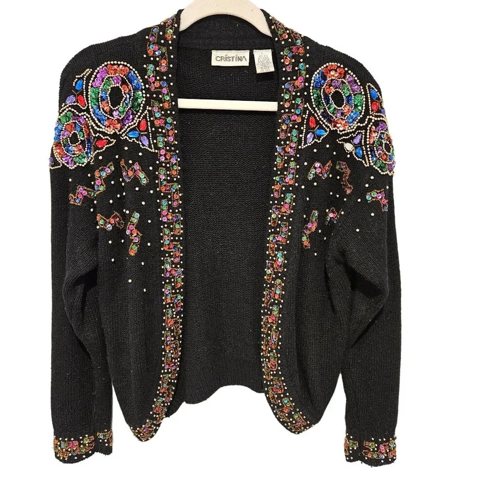 Cristina Woman Size L VTG Embellished Silk Angora blend Cardigan Art Colorful - Picture 1 of 8